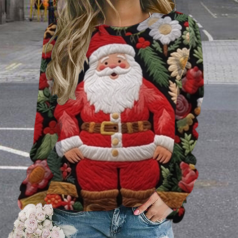 Nowe świąteczne damskie t-shirty z boże narodzenie Santa i graficzną odzieżą z okrągłym dekoltem bluza oversize damskich jesienna odzież