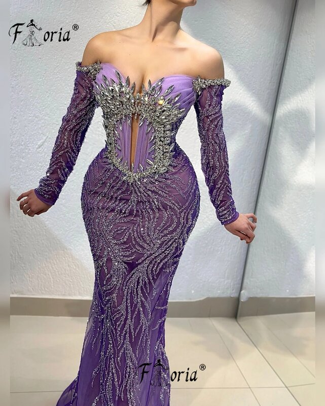 Off the Shoulder Mermaid Beaded Crystal Formal Evening Dresses Long Sleeves Dubai Woman Wedding Party Gowns Robe de soiree 2024