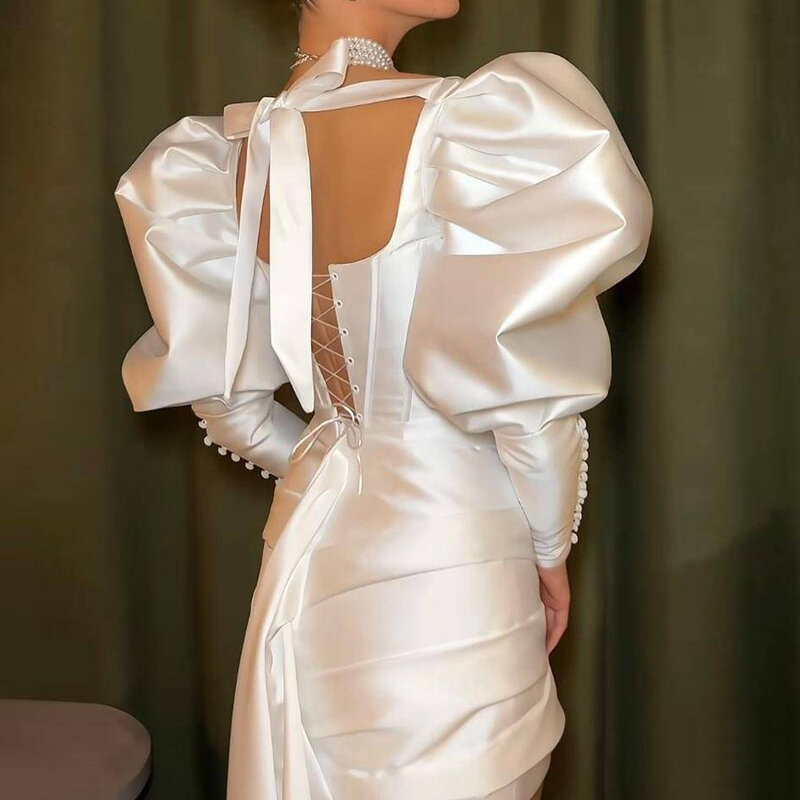 Eleganckie krótkie suknie ślubne z kwadratowym dekoltem dla kobiet satynowe suknie ślubne z długim rękawem księżniczka Vestidos De Novias