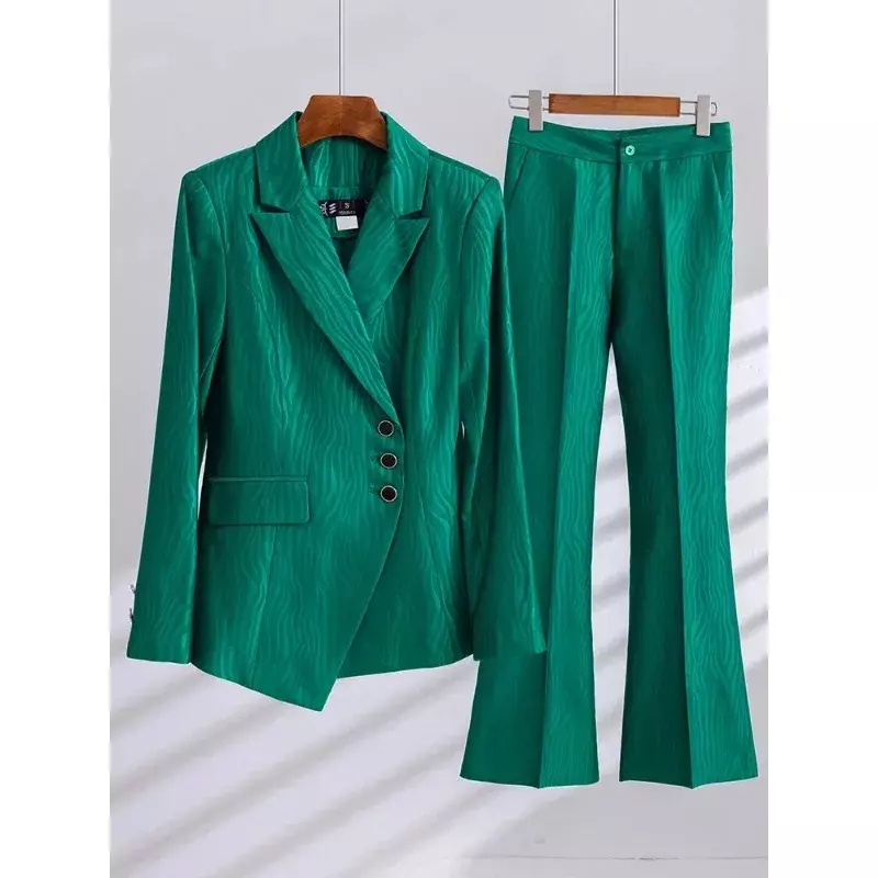 Celana panjang wanita, setelan pakaian kerja Bisnis Wanita 2 potong, Blazer Formal bergaris hijau Khaki, hitam dan celana panjang