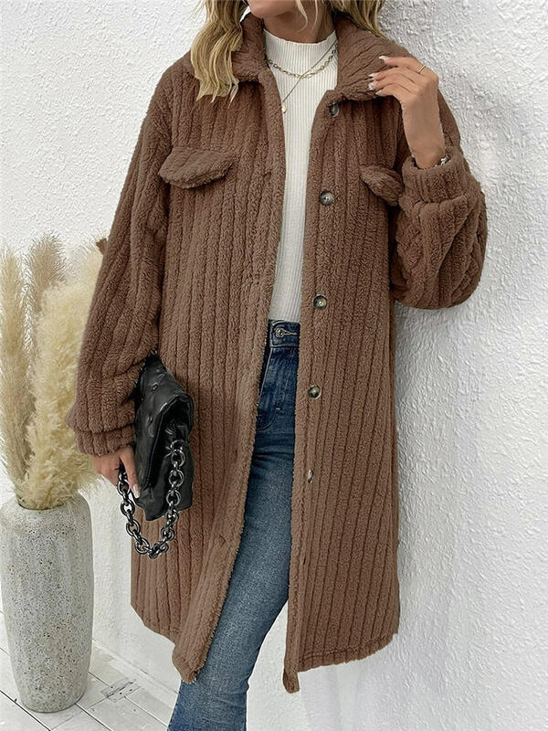 Luxo feminino listrado casaco de pele sintética, inverno Sherpa, camisola longa de lã, veste de lapela vintage, casaco inchado quente