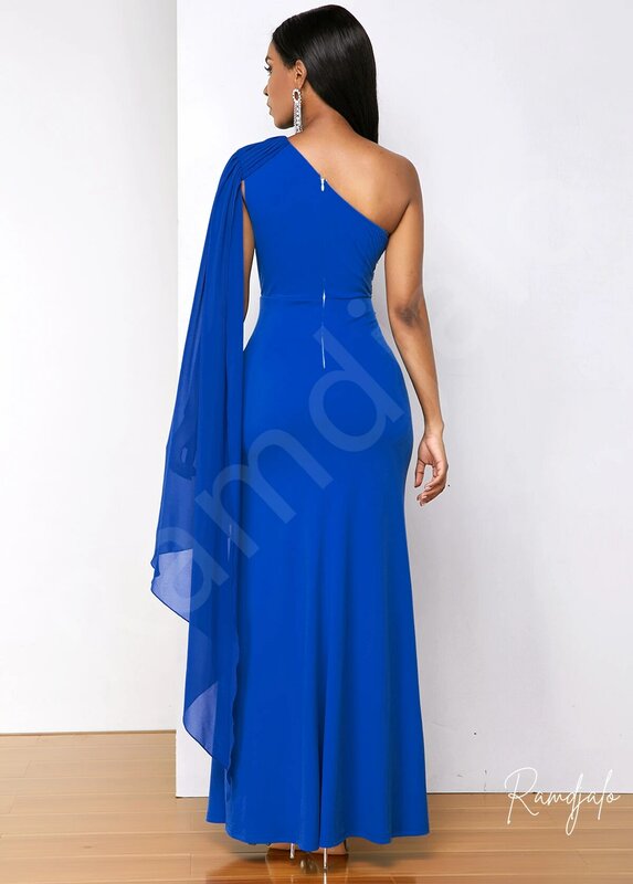 Semi formal vestidos de comprimento total um ombro drapeado azul real sem mangas bainha tamanho split casamento vestidos de festa feminino elástico