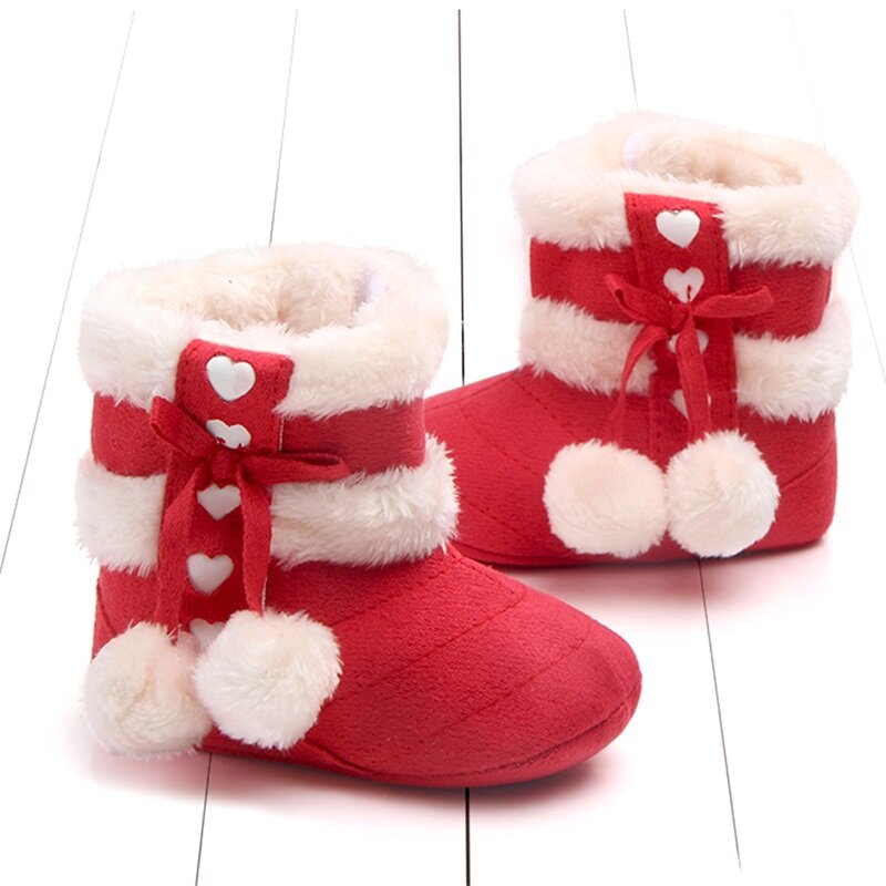 Newborn Girls Solid Color Winter Boots Cute Bow Plush Pom Snow Shoes Warm Baby Walking Shoes for Toddler Infant