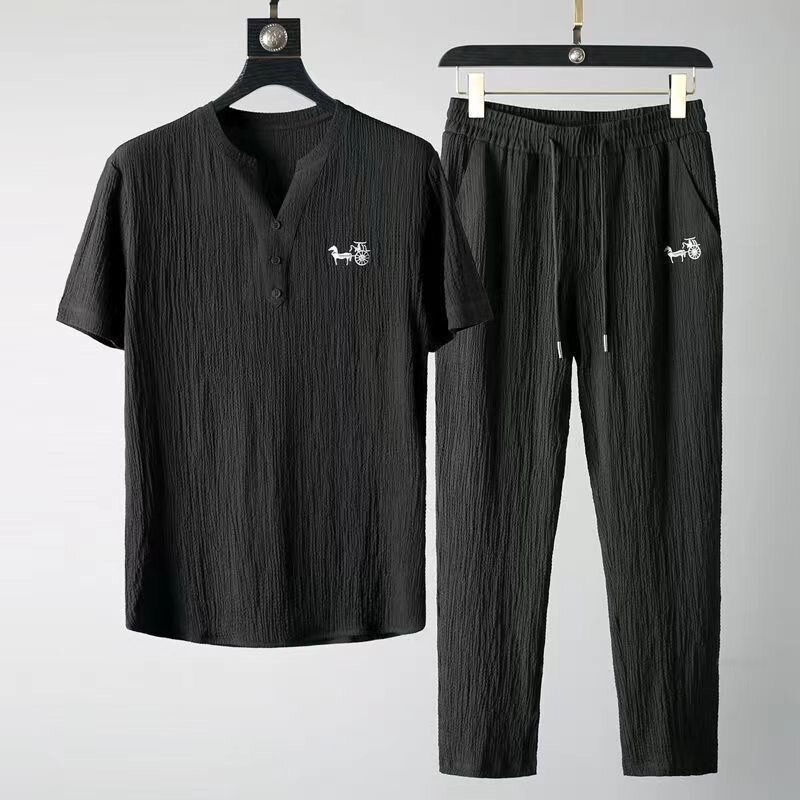 เซ็ตเสื้อยืดกีฬาผ้าไอซ์ซิลค์แขนสั้นสำหรับผู้ชายแนวโน้มแฟชั่นใหม่ M-4XL ฤดูร้อน2024