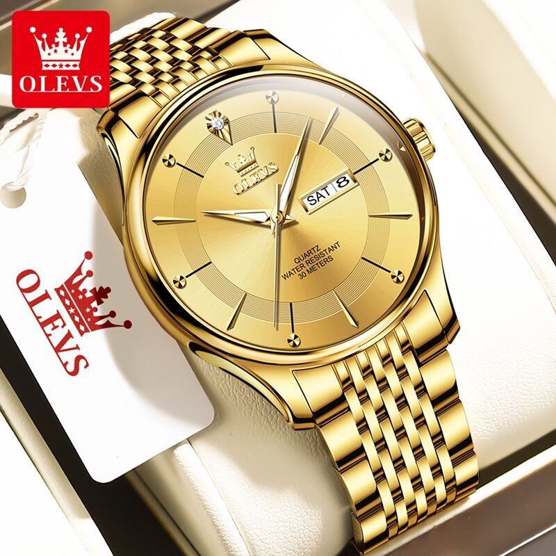 OLEVS luksusowe oryginalne zegarki męskie ze stalowy pasek nierdzewnej wodoodporny zegarek kwarcowy świecący kalendarz tydzień moda zegarek dla mężczyzn