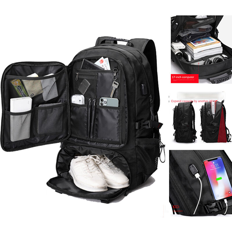 60L 80L USB Expandable Men's 17 Inch Laptop Notebook Backpack Waterproof Travel Sport School Bag Pack for Male Female Women