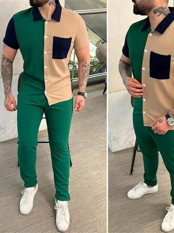 2024 Nowe modne zestawy męskie Colorblock Koszula z krótkim rękawem i długimi spodniami Sportowy garnitur casual