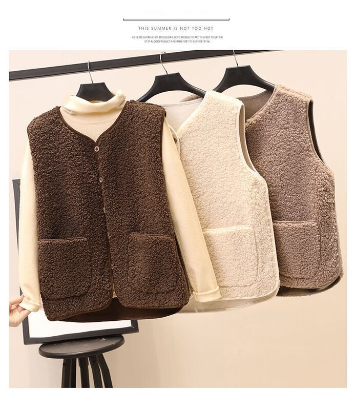 New Spring and Autumn Women's Tank Top Button Large Lamb Wool Integrated Winter Warm Sleeveless Jacket Women's Coat