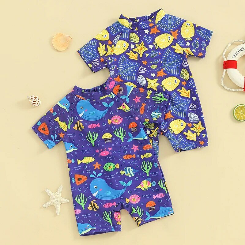 Visgogo-ملابس السباحة لطيف مع طباعة الأسماك للطفل ، قصيرة الأكمام ، الرمز البريدي ، ملابس الشاطئ ، الصيف