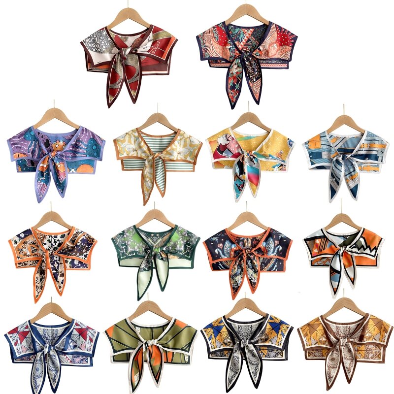 Syal sutra elegan musim semi wanita musim panas kerah dapat dilepas Vintage abstrak motif warna-warni selendang dasi simpul dasi depan Shr