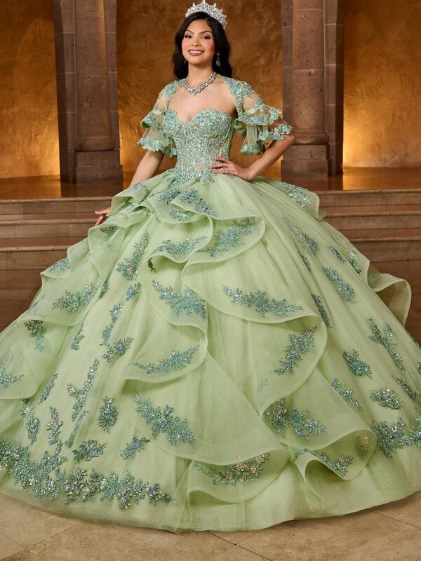 Glitter Sequins Appliques Quinceanrra Prom Dresses Detachable Sleeve Princess Long Graceful Ruffles Sweet 16 Dress Vestidos