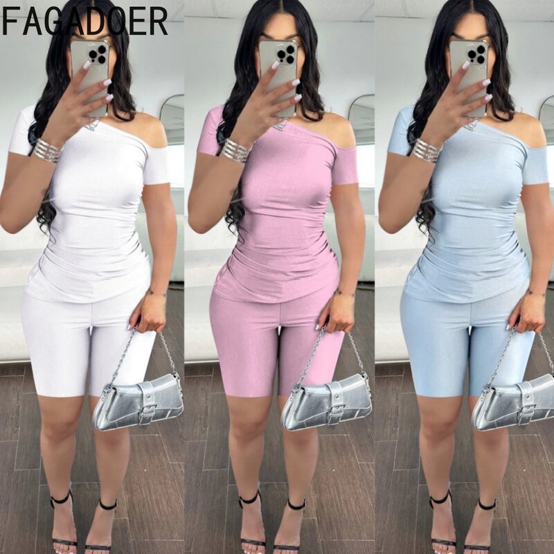 FAGADOER Fashion Solid One Shoulder Two Piece Sets Women Short Sleeve Slim Top And Biker Shorts Tracksuits Summer 2pcs Outfits