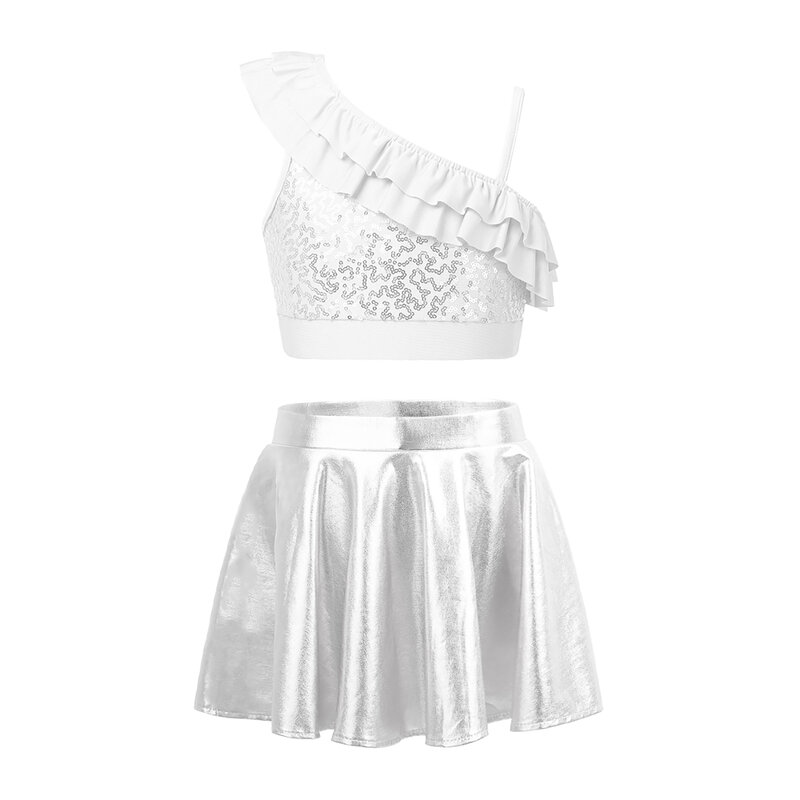 Kids Girls Sleeveless Sequin Ruffles Top with Glossy Mini Skirts Asymmetrical Shoulder Straps Jazz Dance Performance Costume