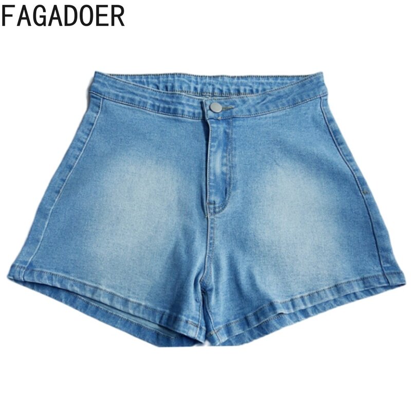 Fagadoer-shorts jeans azuis para mulheres, cintura alta, botão, elástico, magro, moda, com bolso, magro, cowboy, verão, 2024
