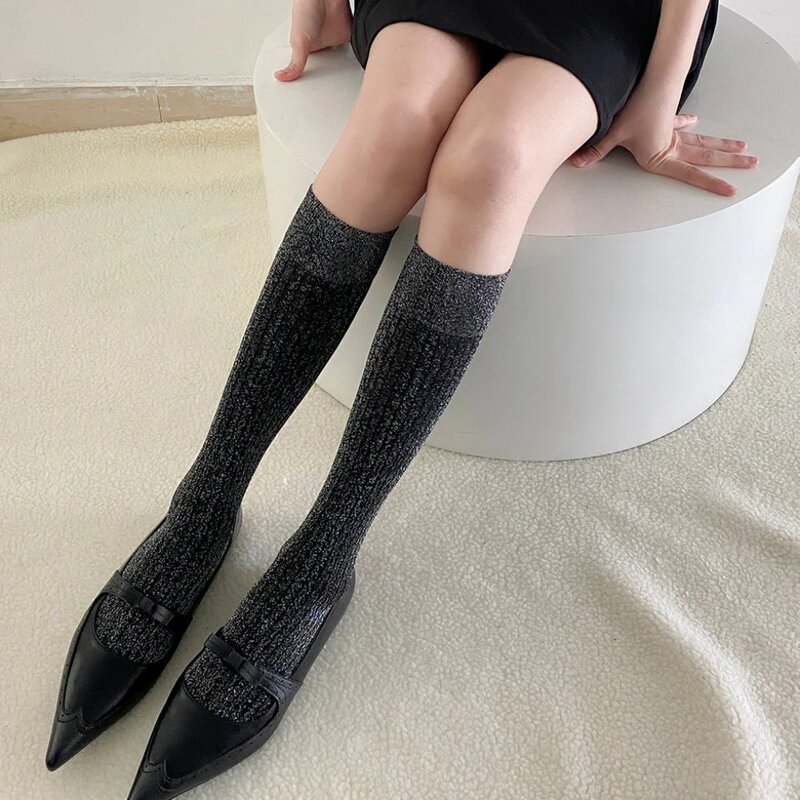 Calcetines de seda plateados transpirables para mujer, medias largas de nailon fino, moda coreana, JK, estilo japonés