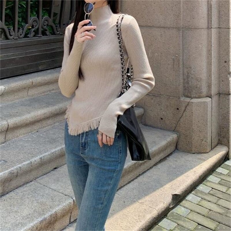 Women Turtleneck Irregular Tassels Sweater Long Sleeve Ribbed Knit Pullover Top 066C