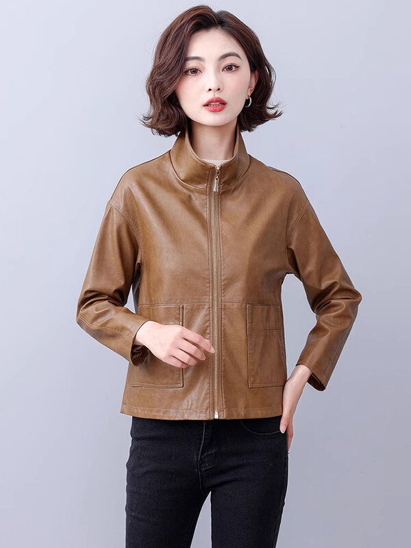New Women Leather Jacket Spring Autumn Fashion Classic Stand Collar Zipper Fly Loose Short Coat Split Leather Casual Outerwear