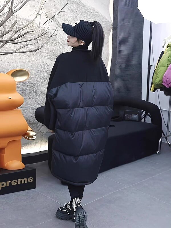 Корейская версия, свободный пуховик с воротником-стойкой в стиле пэчворк, Зимняя Новая повседневная куртка средней длины, женский тренд