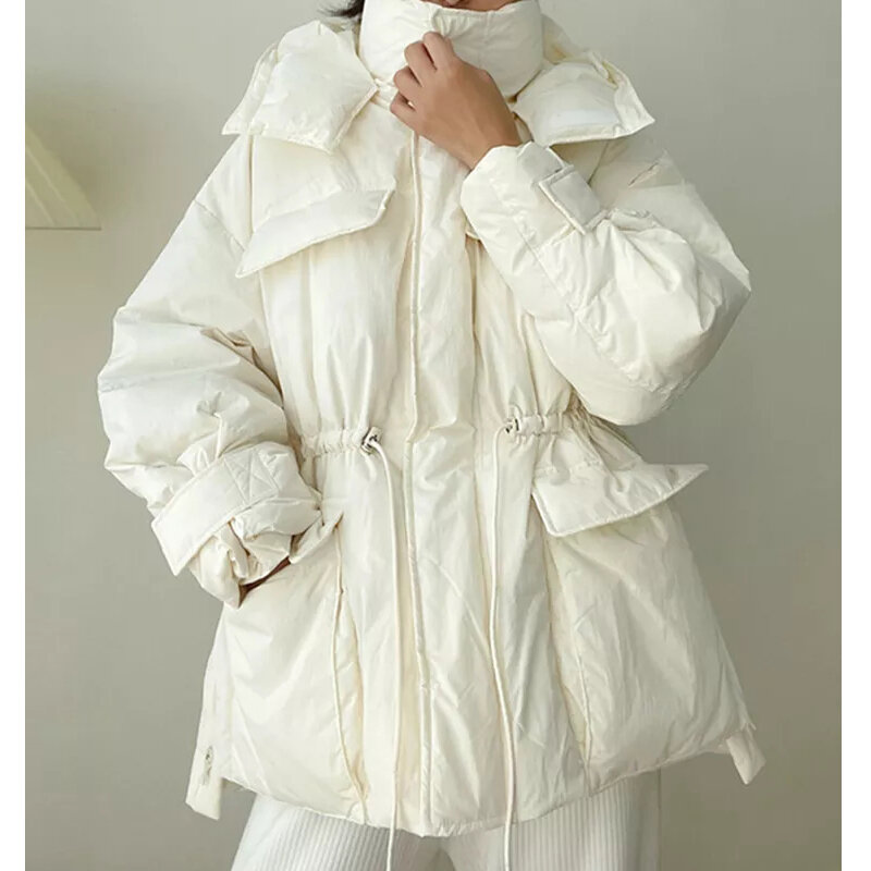 Winter Mit Kapuze Parkas Warme Jacke Frauen Unten Baumwolle Mantel Unregelmäßigen Flauschigen Blase Kordelzug Taille Outwear