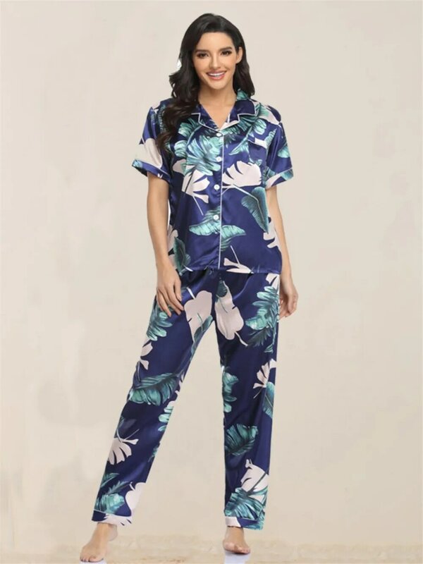 Pigiama da donna Set 2 pezzi stampa pigiama bottoni Faux Silk Satin Sleepwear primavera estate manica corta Pijama Mujer Pjs Homewear