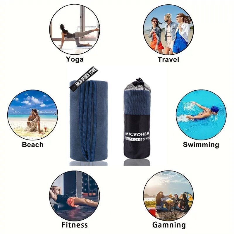 Serviette de camping en microcarence à séchage rapide avec sac en maille léger, douce et confortable, adaptée au sport, au fitness, à la randonnée, au yoga, à la plage