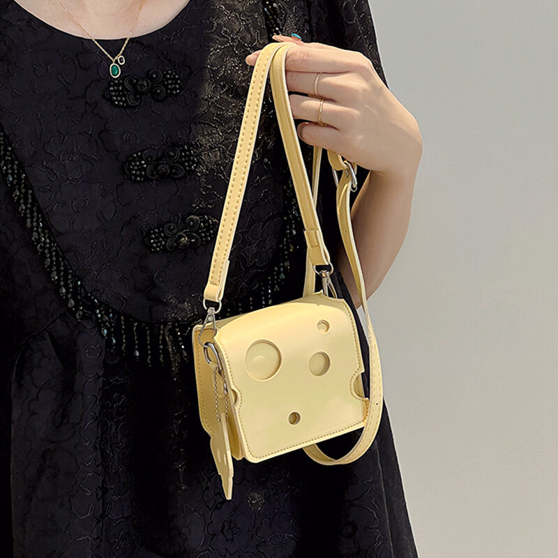 Fresh Artistic Mini Crossbody Bag Women Versatile Leather Trendy Square Shape Candy Color Sling Handbags  Slice Pendant Satchels