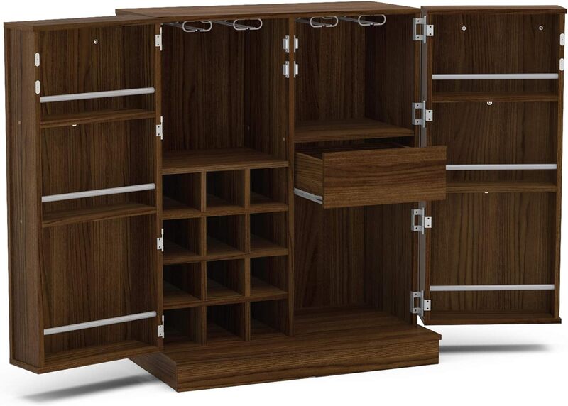 Wine Coffee Storage Cabinet com Glasses Rack, Bar Gabinete para Licor, Dark Brown Finish