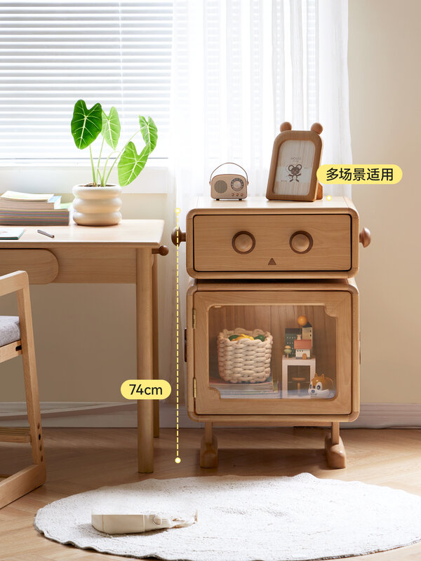 Children's Bedside Table Modern Creative Cartoon Storage Cabinet with Light European Beech Robot Bedside Cabinet