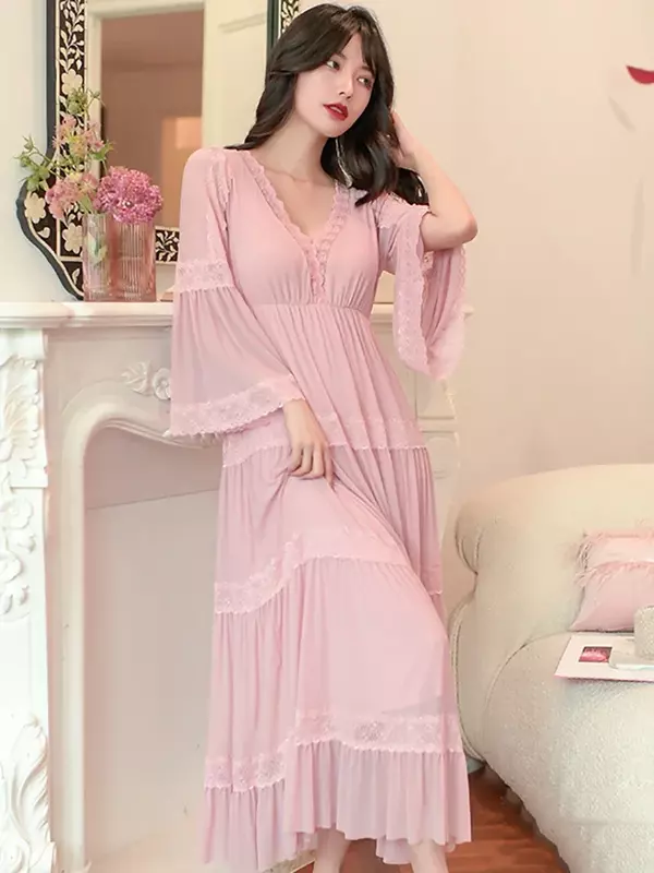 Women Modal V-Neck Fairy Victorian Nightgowns with Pad Pajamas Spring Long Sleeve Mesh Sweet Princess Sleepwear Sexy Homewear
