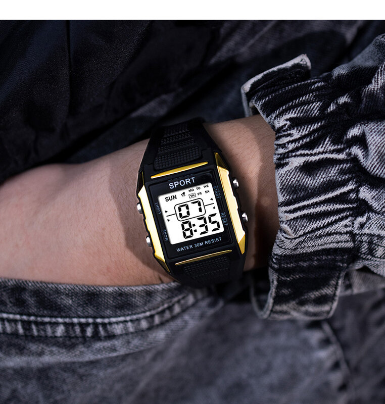 Yikaze นาฬิกาข้อมือผู้ชายหน้าปัด LED อิเล็กทรอนิกส์กันน้ำสำหรับผู้ชายนาฬิกาดิจิตอลโครโนกราฟเรืองแสง