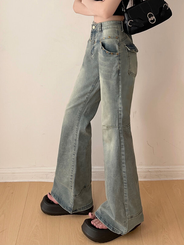 Women's Flare Jeans 90s Vintage Y2k Baggy Cowboy Pants Harajuku Oversize Denim Trousers Japanese 2000s Style Trashy Clothes 2024