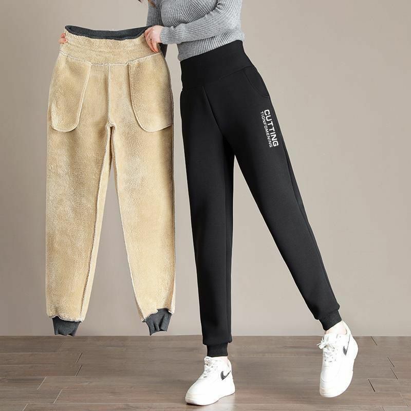 Cordeiro calças de caxemira para roupas femininas engrossado no outono inverno para o calor usar calças de algodão de cintura alta harem de caxemira