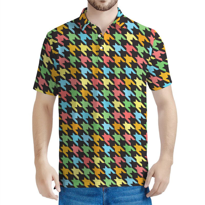 Polo à motif pied-de-poule imprimé en 3D coloré pour hommes, t-shirt à boutons d'été, t-shirts à revers à manches courtes de rue