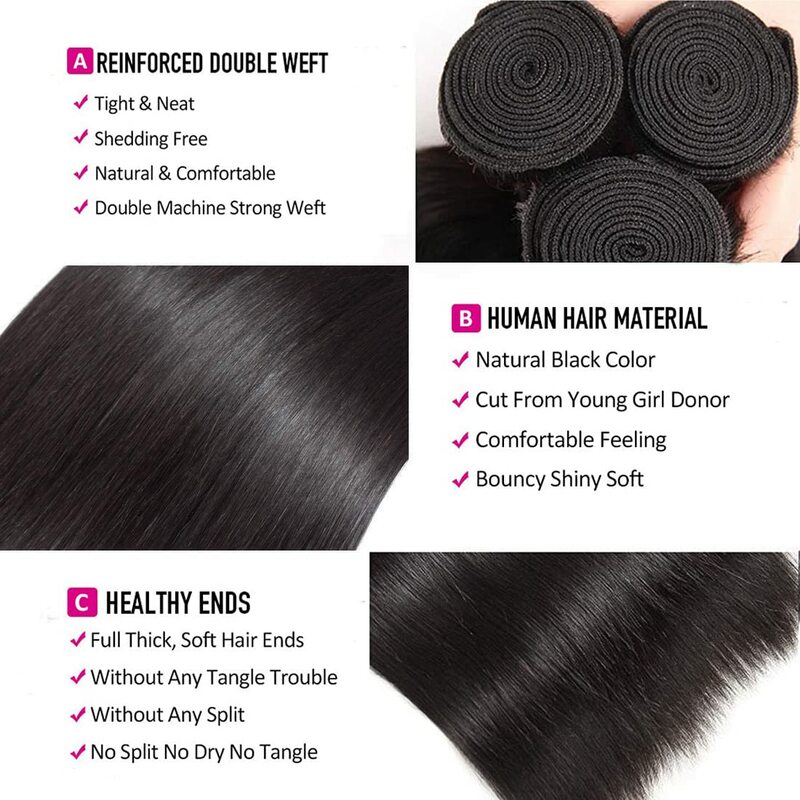 Bundel rambut manusia lurus 20 22 inci 100% bundel rambut manusia Virgin ekstensi rambut jalinan rambut hitam alami