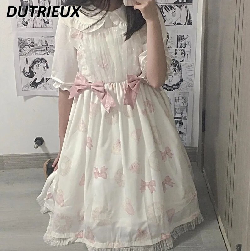 Summer JSK Japanese Style Soft Girl Cute Printed Lolita Dresses Sweet Girls Sleeveless Bow A-Line Short Suspender Dress
