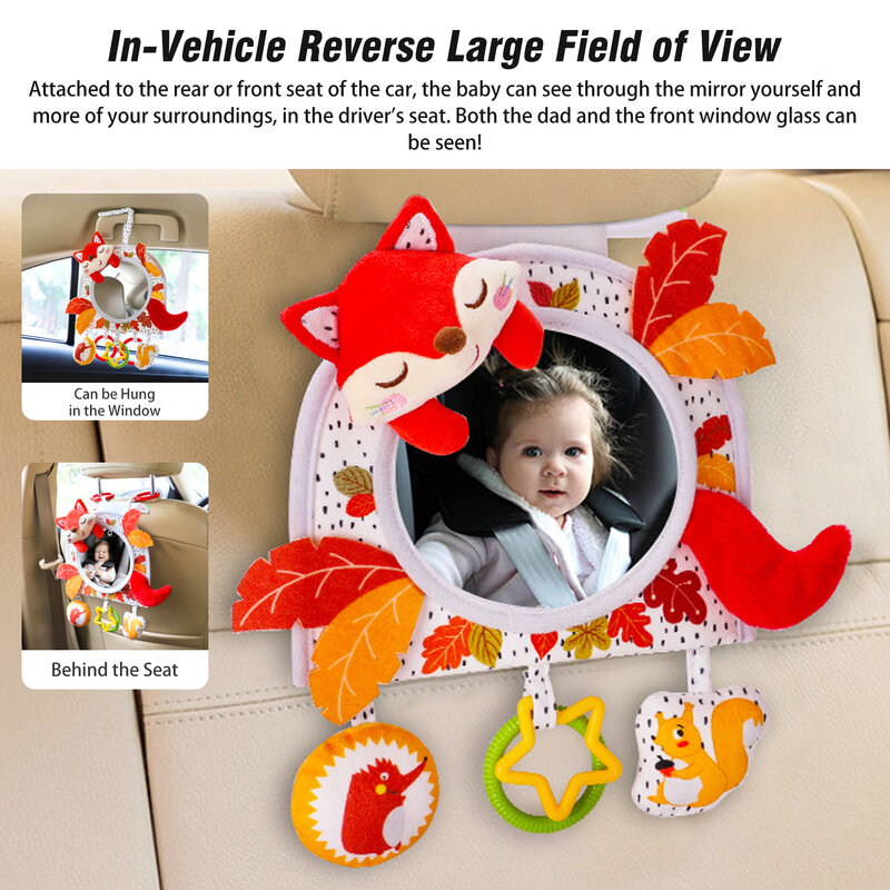 Haha – miroir de siège de voiture pour bébé, avec hochets, anneau de dentition, jouets, ventre plat, renard, hibou, pour sièges de voiture, berceaux et poussette