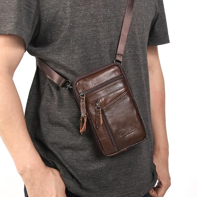 Cintura de couro genuíno masculina, bolsa para telefone, bolsa pequena de ombro no peito, bolsa crossbody, nova