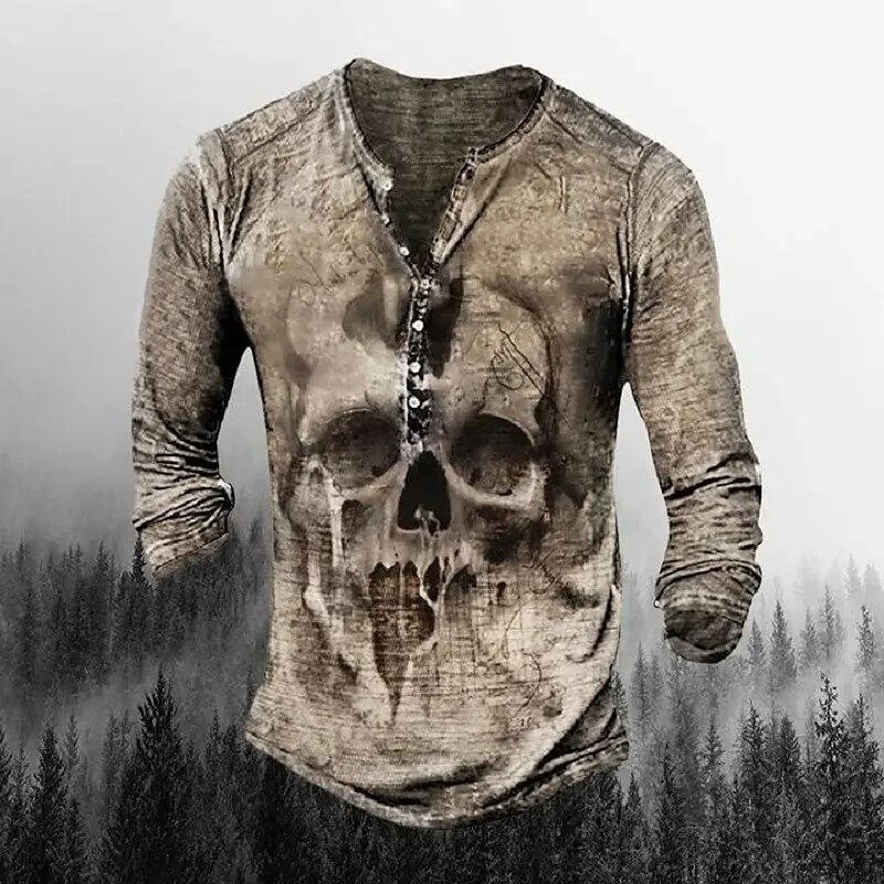 Skull Ship Shirt for Men Henley Shirts 3D Print Streetwear Men's Clothintg Vintage Long Sleeve T Shirt Man Male Tee Tops Clothes
