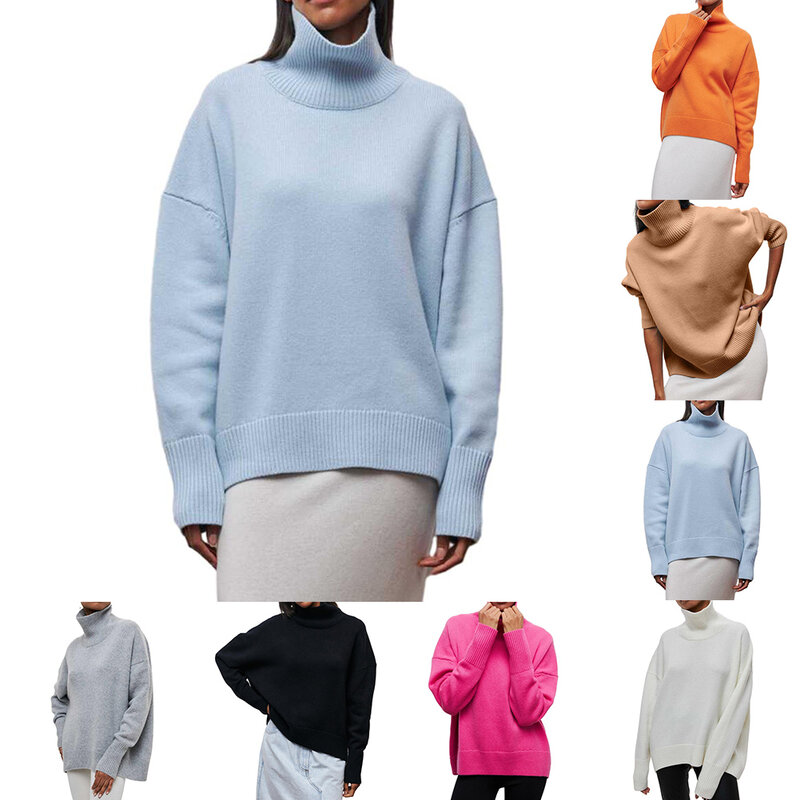 Топ, женские пуловеры, вязаное пальто, свободный наряд с длинным рукавом, одежда, однотонный уличный свитер, зимняя водолазка