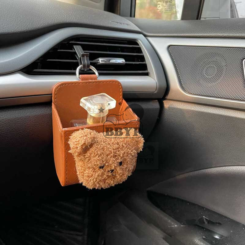 1Pcs Cartoon Bear Car Storage Bag Air Vent Dashboard Tidy Hanging Leather Organizer Box Glasses Phone Holder Storage Organizer