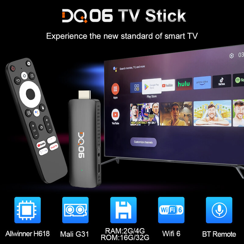 DQ06 ATV Mini TV Stick, Android 12, Allwinner H618, Quad Core Cortex A53, compatible con Video 8K, 4K, Wifi6, BT, control remoto por voz, Smart TV Box