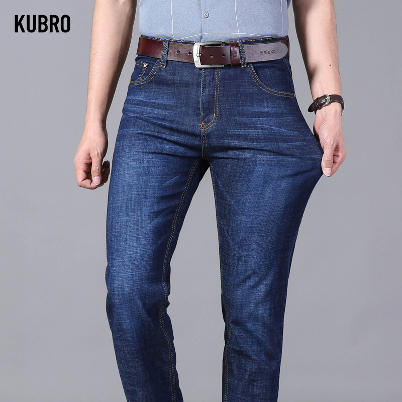 KUBRO-جينز فضفاض أزرق مستقيم للرجال ، بنطلون فضفاض رقيق ، بنطلون جينز عملي غير رسمي ، أرجل واسعة عالية المرونة ، جينز أعمال للذكور ، الصيف