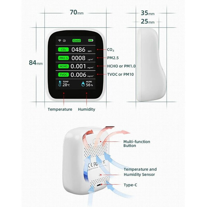 Miernik jakości powietrza Tuya Wifi, 8-in-1 Monitor jakości powietrza w pomieszczeniach przenośny Monitor CO2 temperatury i Tester wilgotności
