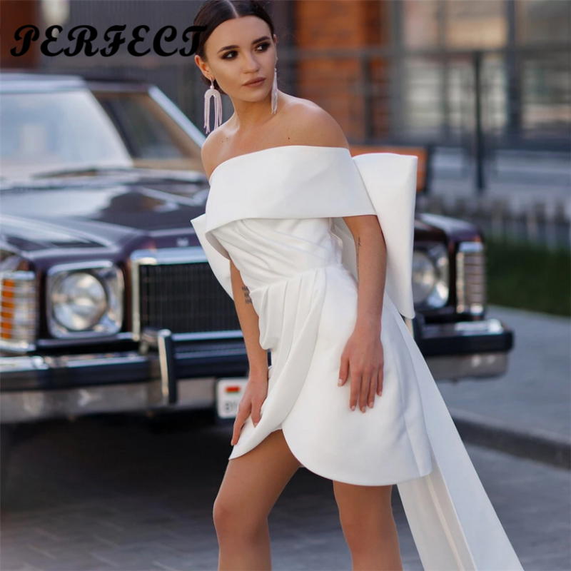 Vestido de noiva curto de cetim perfeito para mulheres, vestido de noiva fora do ombro, grande arco removível, vestidos de noiva, 2024