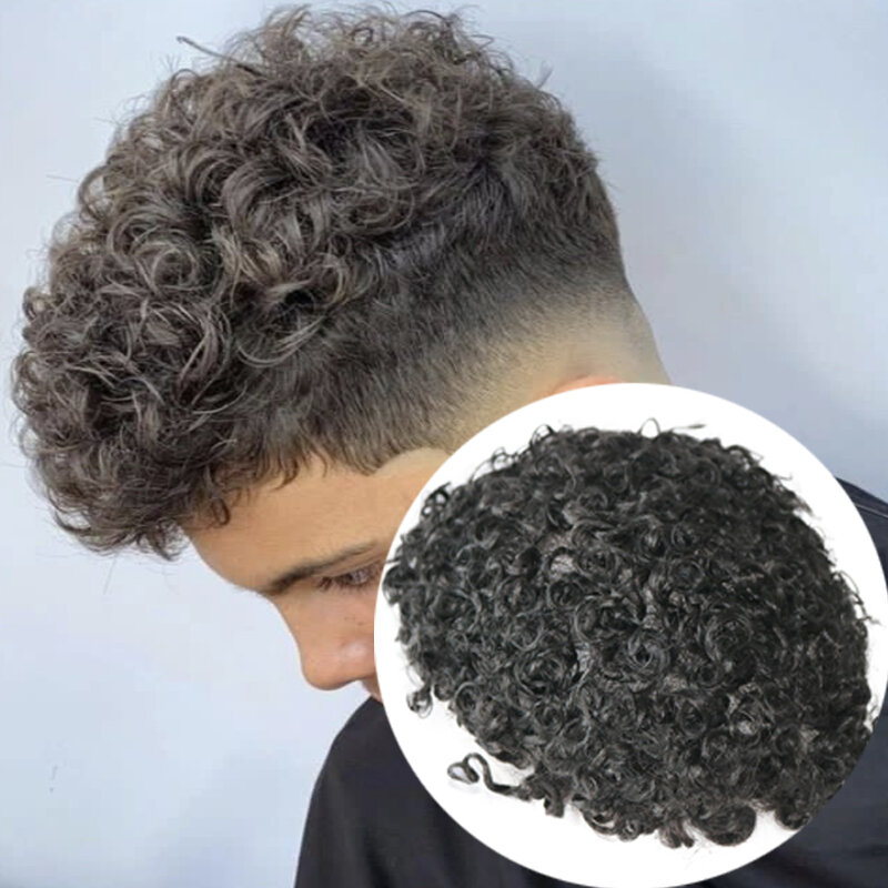 2024 baru 18mm rambut palsu pria keriting tahan lama kulit tipis dasar Pu penuh Sistem prostesis rambut manusia pria garis rambut alami untuk pria hitam