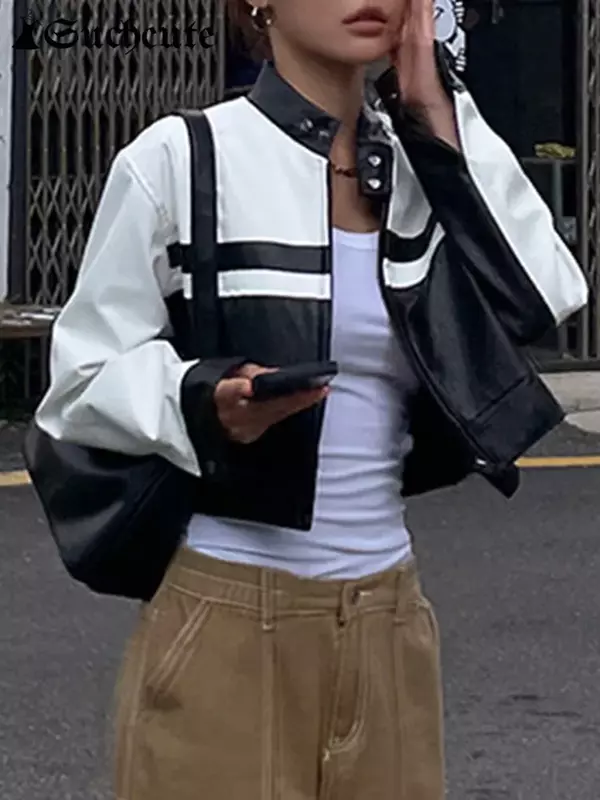 Куртка женская из искусственной кожи на молнии, уличная одежда контрастных черных и белых цветов, корейский топ на молнии, короткая верхняя одежда, пальто из искусственного меха, Y2K