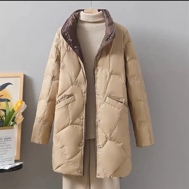 女性の薄手のジャケット,新しい秋と冬のコート,長い綿,スタンドカラー,十分で暖かい,2023