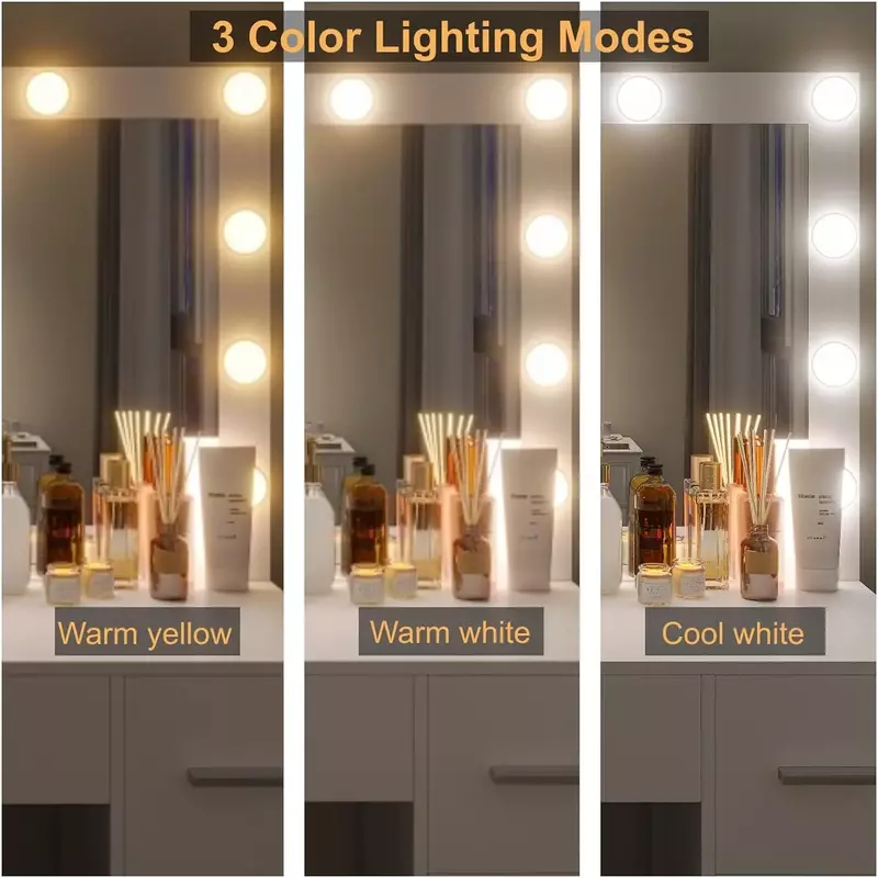 Vanity Makeup Table com Espelho Iluminado, 3 Cores Modos de Iluminação, Brilho Ajustável Penteadeira com Gavetas, Branco