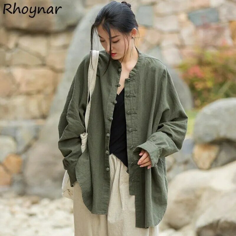 Camisa Vintage para mujer, estilo chino, Rana, sólido, Simple, ocio, suelto, cómodo, botonadura única, cuello redondo, minimalista, ropa de otoño