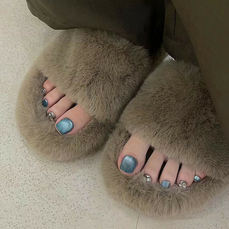 24 buah mata kucing biru Tekan pada jari kaki Ins musim panas persegi kuku kaki palsu dapat dipakai penutup penuh berkilau kuku jari kaki palsu untuk wanita